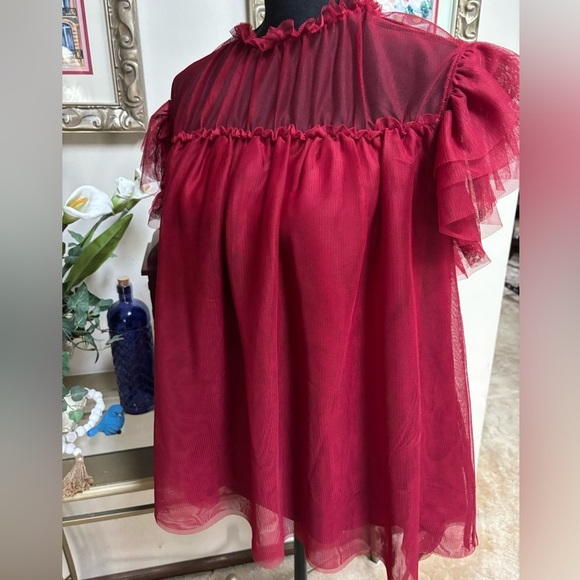 ON 34TH RED RUFFLE TULLE SHEER BABY DOLL FLUTTER SLEEVE DRESSY TOP/BLOUSE SZ 0X - Picture 3 of 13